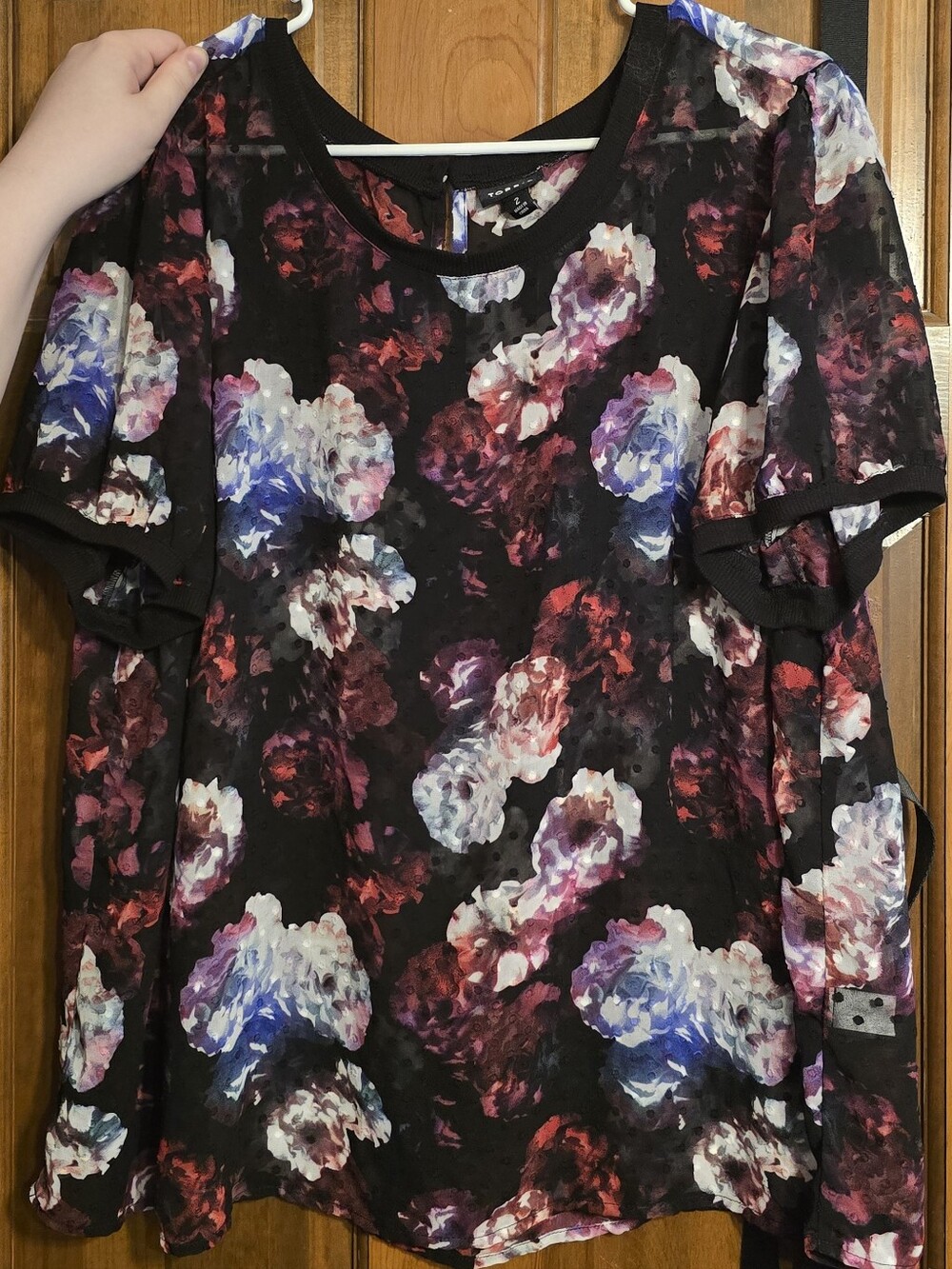 torrid Black Floral Short Sleeve Tee with Blue, Red & White Blossoms